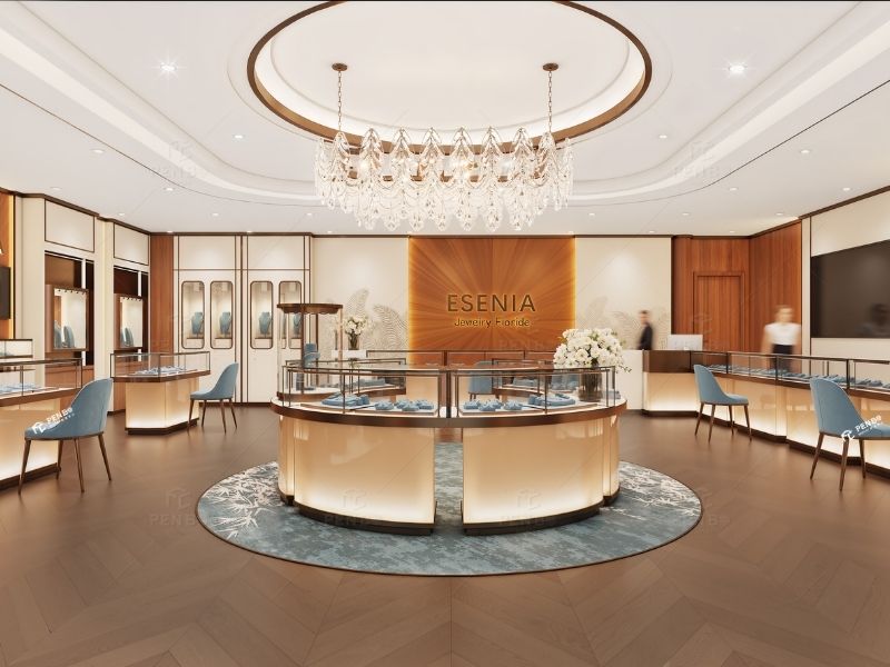 luxury jewelry boutique interior with custom jewelry display cabinets